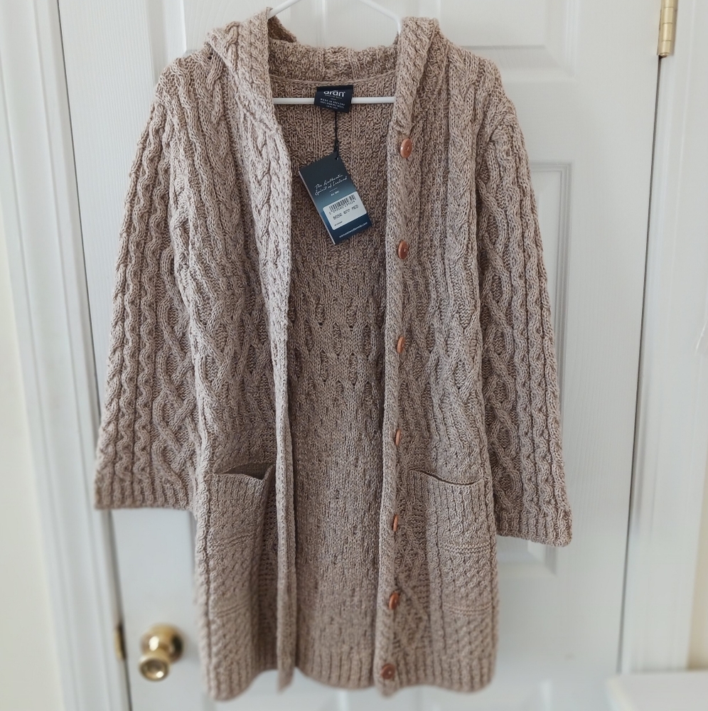Aran Woollen Mills Wool Hooded Button Cardigan Coat Oatmeal Cable Sweater Size M